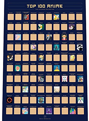 Enno Vatti 100 Anime Scratch Off Poster - 42 x 59.4 cm Top Japanese Animes of All Time Bucket List - Anime Series and Films - Ideal for Japanese Animation Fans