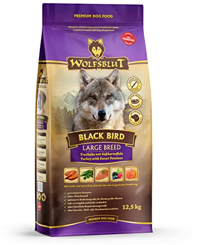 WOLFSBLUT – Black Bird Large Breed | Trockenfutter mit wertvollen Superfoods für große, ausgewachsene Hunde. Getreidefreies Alleinfutter ohne Zusatzstoffe im Beutel | 12,5kg Truthahn