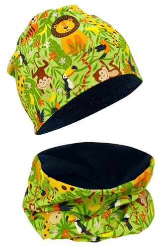 HECKBO Kinder Beanie & Loop Schal Set - mit Vlies oder Jersey - unisex Mädchen Jungen - 95% Baumwolle - Herbst Frühling Winter