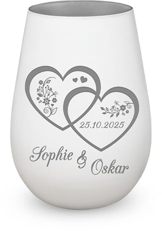 Windlicht Hochzeit mit Gravur Hochzeitsgeschenk Herzen Blumen Weiß Silber | Wunschnamen und Datum, Geschenk für Paare, Valentinstag, Jahrestag, Verlobung, Silberhochzeit, Symbol für Liebe