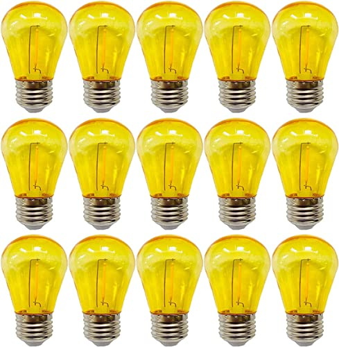 Minsily 15 Pack S14 LED Bulbs Yellow Christmas Replacement Bulb for Outdoor String Lights 1W Vintage LED Edison Filament Bulb E26 Base Plastic Decorative Bulb for Outdoor Patio Christmas Decor(Yellow)