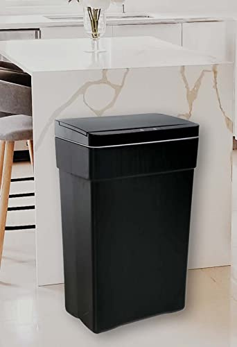 GINMAON 13 Gallon Trash Can Automatic Touch-Free Kitchen Garbage Can, Plastic Bathroom Rubbish Can with Lid and Motion Sensor, Waste Bin for Living Room Office Narrow Space, Black