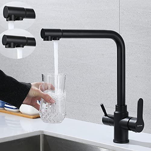SkyPanda 3 Wege Küchenarmatur, Trinkwasser Wasserhahn mit Doppelhebel, Durchdringung 3-in-1, 360° drehbarer Mischer, mit 2-Auslässen, Edelstahl SUS304, Schwarz Matt