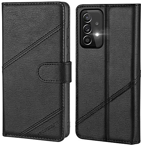 KRAFTCARE mobiltelefonfodral för Samsung Galaxy A23 fodral | Fällbart skal med premium PU-läder, 3 kortfack + sedelfack, stativ, stötsäker, RFID-blockering, svart