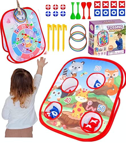 Dartscheibe Wurfspiel Gartenspiele für Kinder,5 in 1 Dinosaurier/Einhorn Wurfspiel Dartscheibe mit Dart,Sitzsack,Klettbälle,Ring Toss Dreiseitiges Zusammenklappbar Spielzeug Bean Bag Toss Set (Rosa)