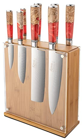 Katana Saya Elements 9-teiliges Messerblock-Set, Vulkanisches Rot – VG-10-Damaststahl mit hohem Kohlenstoffgehalt für extreme Robustheit und Schärfe – Griff aus natürlichem Olivenholz und Harz