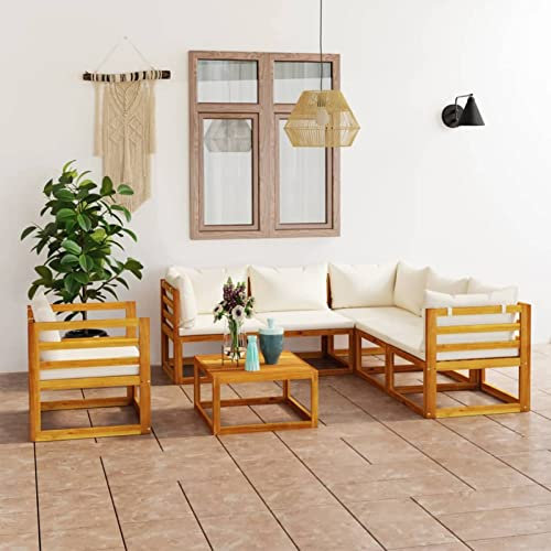 Yolola Trädgårdsmöbler i set, trä, trädgård, lounge, trä med kuddar, balkongmöbler, trädgårdslounge, trädgårdssoffa, sittgrupp, trädgård, soffa, set, terrassmöbler, kräm-7-delad – 2