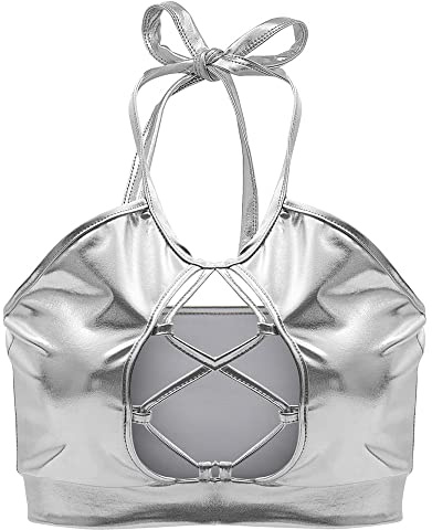 YUDATPG Donne Lucido Metallico Halter Tank Strap Canotta Canotta Reggiseno Crop Tubo Top Rave Dance Clubwear Senza Maniche Spaghetti Strap Casual, Argento, M