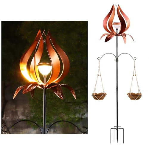 Multi-Functional Yard Wind Spinners with Solar Lights Outdoor Garden,YNGFIL Large Ornaments Outdoor with Double Shepherds Hooks and Coconut Fiber Liner Hanging Planters (83 in)
