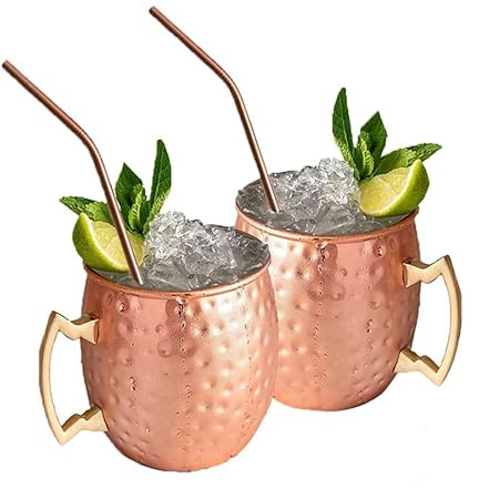 2 Stück verkupferte Tasse Moscow Mule Becher mit 2 Strohhalmen, Edelstahlgläser, Cocktail-Set, Cocktailgläser, perfekt für kalte Getränke, Geschenkset, 450 ml (Kupferbecher)