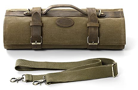HEZHEN Knife Roll Bag Waxed Canvas, Heavy Duty Portable Backpack Knife Case, 12 Slots & 2 Zipper Pockets, Detachable Adjustable Leather Shoulder Strap Belt-Army Green（Without Knives）
