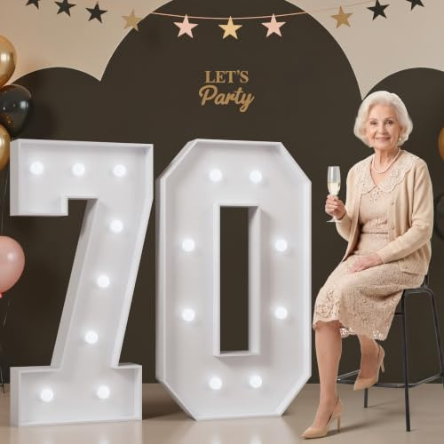Mixifox 3FT Large Light Up Numbers 70, Big Numbers for Birthday Decorations | 70th Birthday Anniversary Party Decor Light Up Pre-cut Foam board Assembly Required Warm White Light 39 Pcs Accessory Set