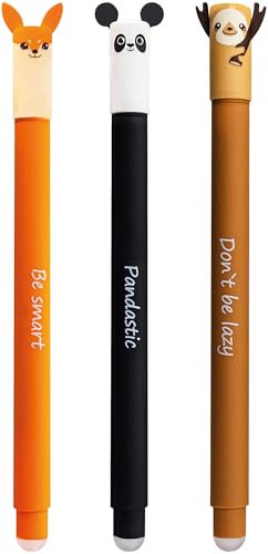 EBERHARD FABER 599019 - Tintenroller radierbar, 3 Animal Erase it Stifte, Panda, Fuchs, Faultier, Gelschreiber blau 0,7 mm