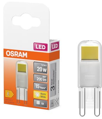 Osram Lampada LED LED PIN in vetro trasparente, da 1,8 W per 200 lm, luce bianca calda da 2700 K, multicolore, attacco retrofit G9, CRI 80, EEK E, diametro 15 mm.