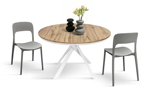 PAZZO DESIGN Tavolo Rotondo Allungabile Gabri, Tavolo Soggiorno, Cucina, Gambe Incrociate Shangay Bianche, Made in Italy, Rovere Rustico, da 120 a 170 cm - id_2177