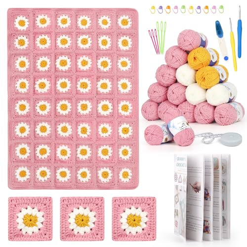 Reessy Crochet Kits for Beginners Adults, Crochet Blanket Kit, Daisy Granny Square Blanket Start Kit with Step-by-Step Instruction, Complete Beginners Crochet Kit for Adults to Learn Crochet