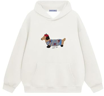 Aelfric Eden Cartoon Dog Hoodie för män överdimensionerad huvtröja långärmad tröja Y2K huvtröja med huva basic vintage huva med mönster unisex sporttoppar streetwear, Vit, S
