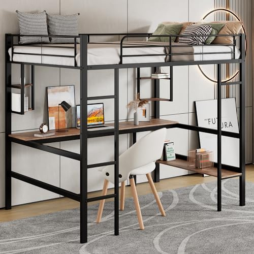 Hochbett, Bettgestell Metallbett, Eisenbett mit Schreibtisch, Ohne Matratze, Hochbett mit vier kleinen Regalen und einem großen Bücherregal für Kinder, Jugendliche und Erwachsene (Schwarz, 90x200cm)