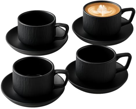 Saumo 4er Set Kaffeetassen mit Unterteller aus Keramik – 175 ml, modernes Design in Schwarz, perfekt für Kaffee, Tee und Cappuccino – stilvoll für Zuhause, Büro und besondere Anlässe