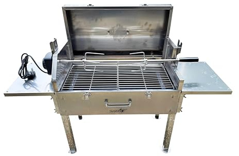 Electric Rotisserie BBQ Grill, Stainless Steel, Portable Outdoor Barbecue with Side Tables