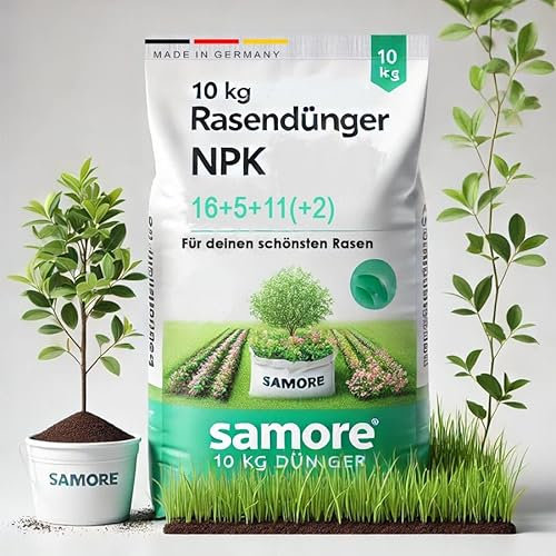 Samore Rasendünger NPK 16-5-11 I 2x10 kg für 1000 m² I für einen gesunden Rasen I verdrängt Moos ideal für Frühjahr und Sommer I Streuwagen geeignet I staubarmes Granulat Dünger I gegen Trockenstress