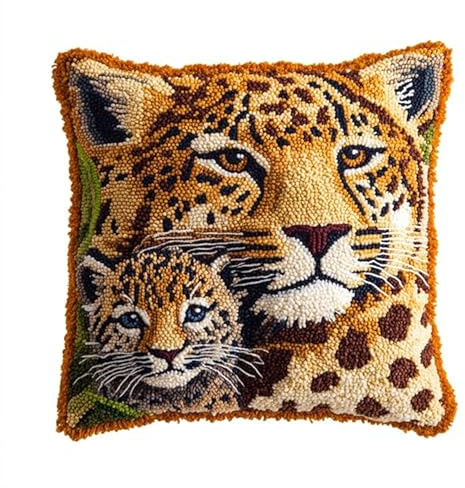 XDEGHUANGSS Kits de cojín de ganchillo para adultos, funda de almohada bordada, kits de costura DIY para funda de cojín y alfombra, kit de artesanía DIY para mujeres, 43 x 43 cm, leopardo animal
