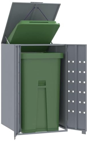 Emmtore Mülltonnenbox 1er Tonnen, Kapazität bis 240L, Aus witterungsbeständig pulverbeschichtetem Stahl mit Automatikdecke, Tonnenhaus, Garten Müllbox,Grau,1 * 240 L