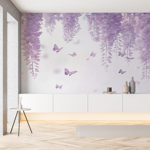Glyzinien Blumen Fototapete 3d Effekt 350 x 256 cm Schmetterling Insekt Tapete Wohnzimmer Badezimmer Wasserfest Lila Weiß Schlafzimmer Wohnzimmer Tapete