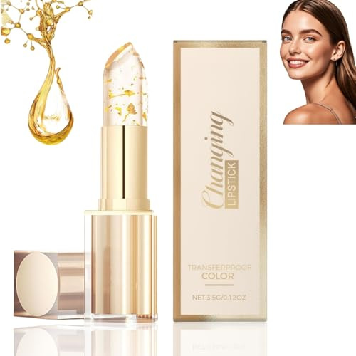 Color Changing Lipstick with Gold Foil,Transparente Transferproof Gold Crystal Color Changing Lip Stick,Moisturizing Lip Plumper,Long-Lasting Tinted Lip Balm,Lip Balm For Dry Cracked Lips,Girly Stuff
