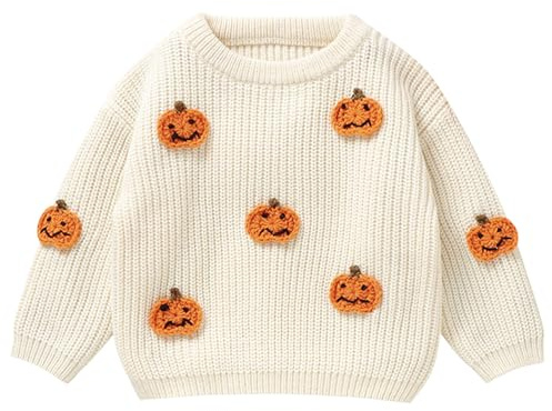 Pull en tricot pour bébé garçon fille Halloween citrouille broderie pull tops automne hiver, Beige, 18-24 mois