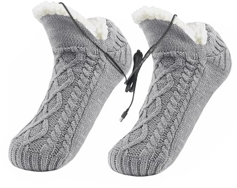 USB Heated Fleece Fuzzy Socks Thermal Home Slipper Socks Fluffy Winter Electric Feet Heating Pad Knit Wool Cozy Foot Warmers Non Slip Grips Ankle Socks Christmas House Slippers for Women Men