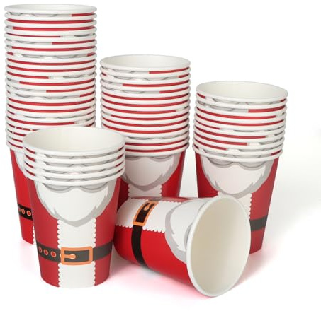 PARTY GO 60 Stück Pappbecher WeihnachtsRot 9oz Party Tischdeko mit Weihnachtsmann Kostüm Muster,für die Tischdekoration zu Weihnachten
