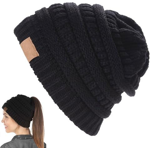 Cerioll Damen Mädchen Strickmütze mit Zopfloch, Pferdeschwanz Wintermütze, Gestrickt Beanie Mütze, Ponytail Cap, Warme Hut mit Haaren Winter, Damen Strickmütze mit Zopfloch für Ihren Pferdeschwanz