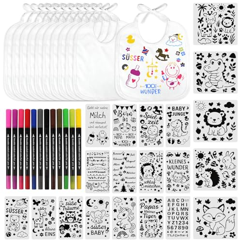 TUZELIYA 15 Stück Lätzchen Baby, Aus Baumwolle Doppelseitig mit 12pcs Farbigem Textilstift 20pcs Malen Schablonen, Babyparty Deko Spiele Wasserdicht Lätzchen für Babys Junge Mädchen