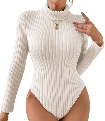 Sukiglam Body Damen Langarm Bodysuit Hoher/V Ausschnitt/Stehkragen Leotard Top Elegant Rippenstrick Bodys Oberteil Stretch Gerippt Bodysuits Einteiler Langarmshirt Thermo Blusebody für Frauen
