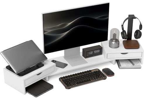 HOMCOM Dual Monitor Stand Riser with 2 Drawers, 116cm, for Laptop, White | Adjustable Length and Angle, Monitor Riser for Computer, PC, Small Printer, Desk Organiser