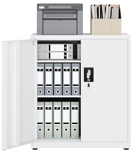 LAND·VOI Armadio in Acciaio 3 Ripiani con Serratura Ripiani Regolabili Ante a Doppia Porta Armadio per Ufficio Mobile in Metallo per Ufficio Garage Cucina Officina (Bianco, 80×40×91.5 cm)