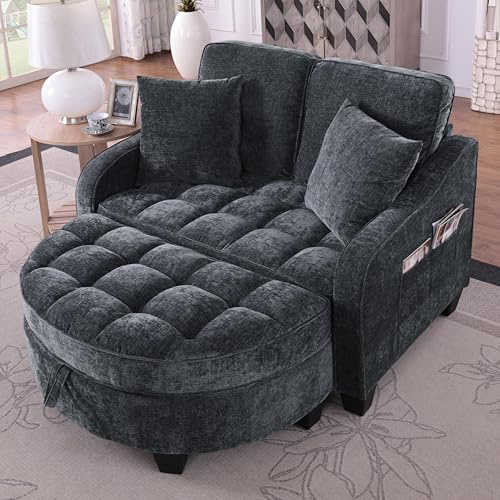 A ALFRESCOOL Sofa mit Schlaffunktion, Sofa Klein, Chaiselongue, Schwarz | 3-in-1 Schlafsofa, Aufbewahrungs-Hocker & 4 Kisse, Atmungsaktives Material, leicht zu reinigen, 132×129×93cm