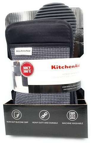 KitchenAid Ofenhandschuhe & Topflappen Set I je 2 Stück I Silicon beschichtet I 2X Oven Mitts & 2X Pot Holders I Baumwolle/Silicon (SCHWARZ)