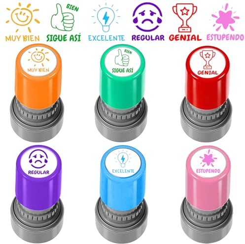 Juego de 6 Sellos Redondos para Profesores - Sellos de Tinta Automática con Comentarios Educativos para Corregir Tareas y Motivar a Alumnos