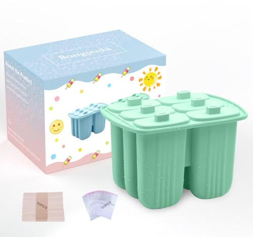 Eisformen Silikon, 6 Stück Eis am Stiel Formen Eisformen Wiederverwendbar, Eiscreme DIY Ideen Leicht zu lösende BPA Freie Eis Pop Hersteller Stieleisformen mit 50 Holzstiel und 50 Beutel (Hellgrün)