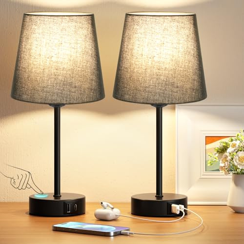 PreeOtti Nachttischlampe Touch Dimmbar 2er Set, Tischlampe mit Ladefunktion USB A+C-Anschlüssen 2 LED Birnen, Schwarz-Lampenschirm, Kleine Lampe für Schlafzimmer Wohnzimmer Babyzimmer Büro