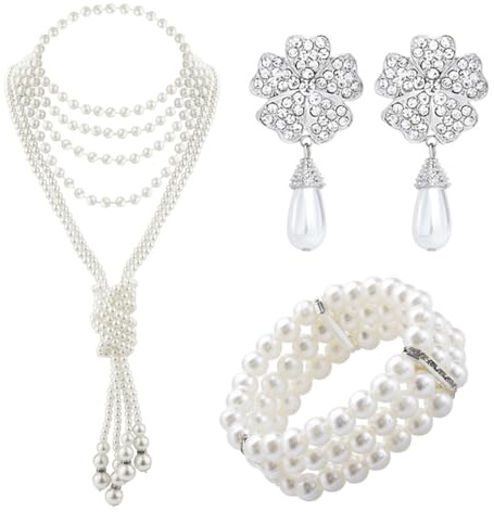 OIXYEY 3-Teiliges Kunstperlen-Schmuck-Set Im 1920Er-Jahre-Stil, Ohrringe, 3-Reihiges Stretch-Perlenarmband, Lange Perlenkette, Perlen Halskette Perlenschmuck Für Wedding, Karneval Party (Silber B)