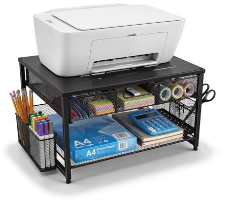 Eirolace Supporto per monitor, organizer da scrivania in metallo con cassetto e 2 portapenne, rialzo ergonomico per monitor per stampante, laptop e ufficio, espositore a 2 livelli (nero)