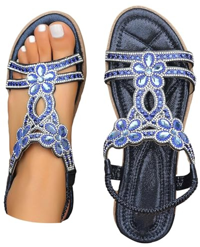 Sandaletter damer glitter platt, sandaler damer platta eleganta, slip-on strass strandsandaler öppen tå andas fritidssandaler lätta bekväma sommarskor mjuka halkfria sandaler