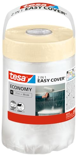 tesa Easy Cover UNIVERSAL Folie für Malerarbeiten - 2 in 1 Malerfolie zum Abdecken und Kreppband zum Abkleben - 25 m x 55 cm