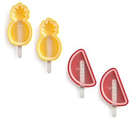 Lékué Pack 4 Moldes helado forma frutas tropicales multicolor, 18,5 x 8 x 11,6 cm, silicona platino