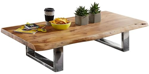 Wohnling Couchtisch 115x58x25 cm Akazie Massivholz Metallgestell | Wohnzimmertisch Baumstamm mit Baumkante, Sofatisch Braun massiv, handgefertigtes Unikat, Kaffeetisch Landhausstil