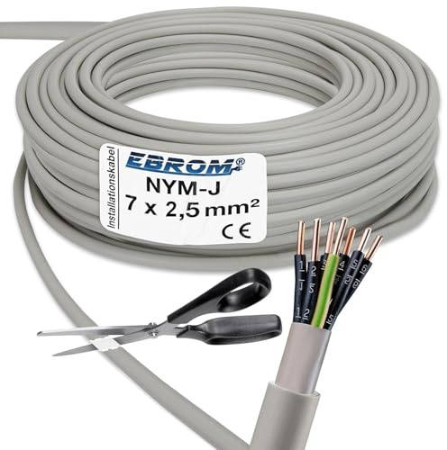 EBROM NYM-J 7x2,5 mm² Mantelleitung Installationskabel grau, Länge: 20 m | 5 m bis 100 m, Installationsleitung mit nummerierten Adern, für die feste Verlegung in trockenen + feuchten Räumen 7x2,5 mm2