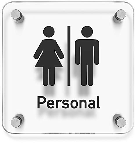 Türschilder24 WC Toiletten Wandschild/Türschild • WC Personal + Piktogramm • 150 x 150mm. Schild besteht aus hochtransparentem 3mm Acrylglas. Inkl. 4 x Abstandshalter aus V2A Edelstahl